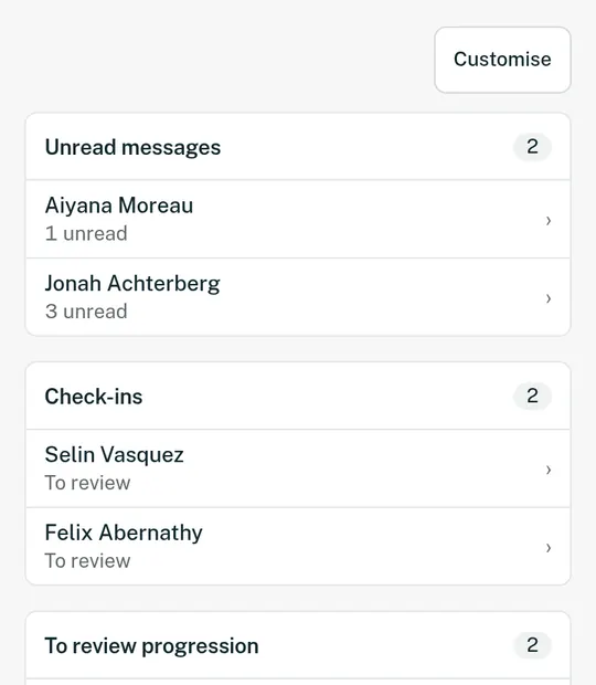 Coach home on a phone showing unread messages and check-ins waiting for review