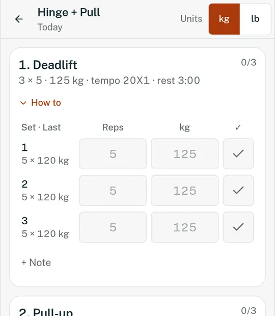 A client logging today's workout in the app, with last week's sets beside each one